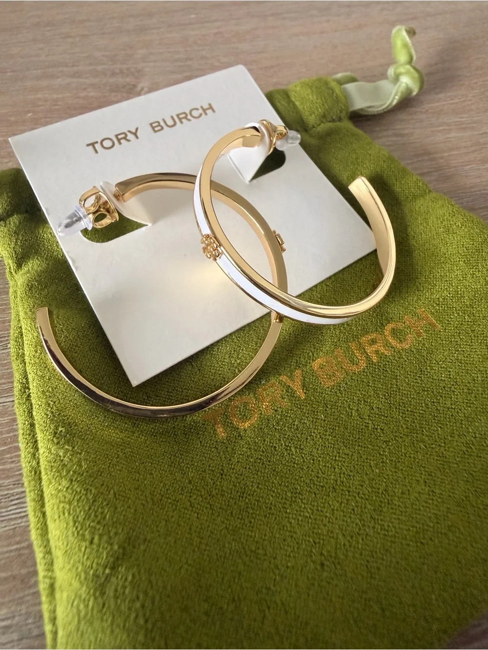 Tory Burch Gold Hoops with White Enamel Trim